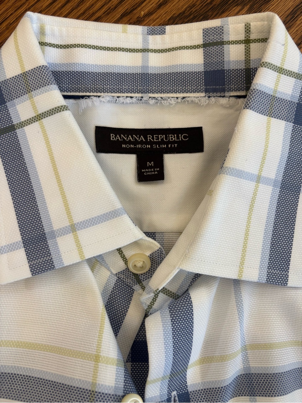 Banana Republic White Plaid Non-Iron Dress Shirt with Blue and Green Stripes